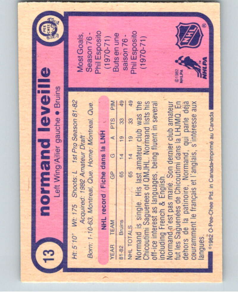 1982-83 O-Pee-Chee #13 Normand Leveille RC Rookie Boston Bruins V57145 Image 2