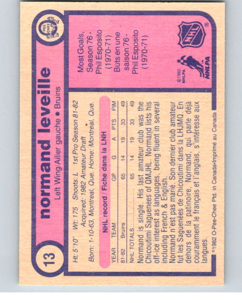 1982-83 O-Pee-Chee #13 Normand Leveille RC Rookie Boston Bruins V57148 Image 2