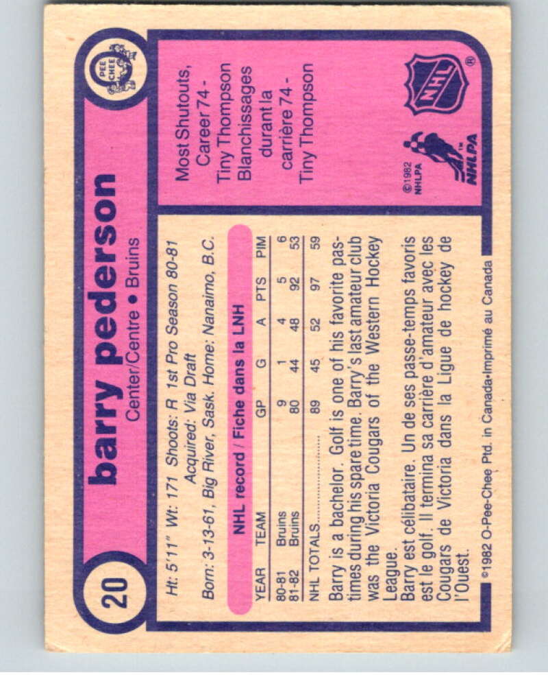 1982-83 O-Pee-Chee #20 Barry Pederson RC Rookie Boston Bruins V57188 Image 2