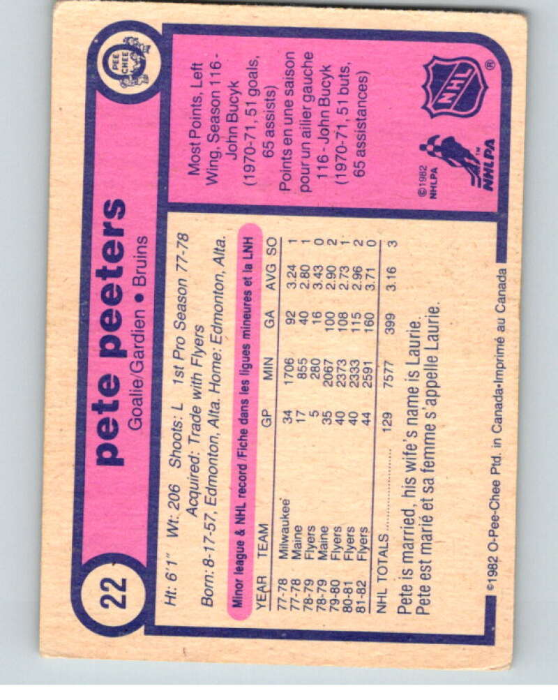 1982-83 O-Pee-Chee #22 Pete Peeters  Boston Bruins  V57200 Image 2