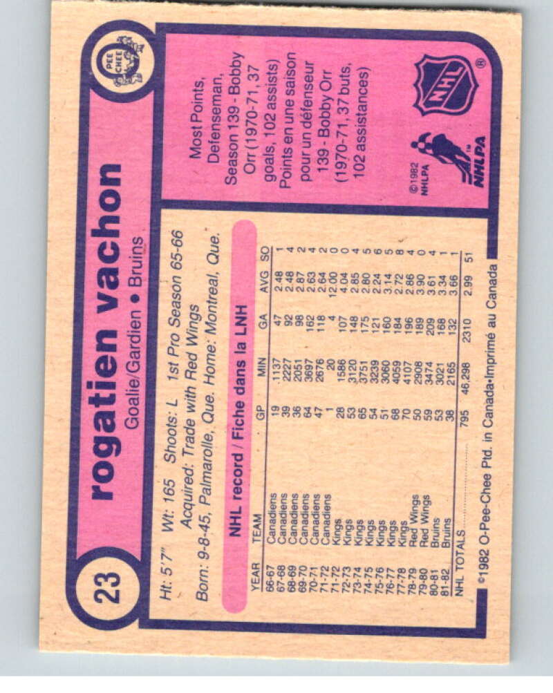 1982-83 O-Pee-Chee #23 Rogie Vachon Boston Bruins V57205 Image 2