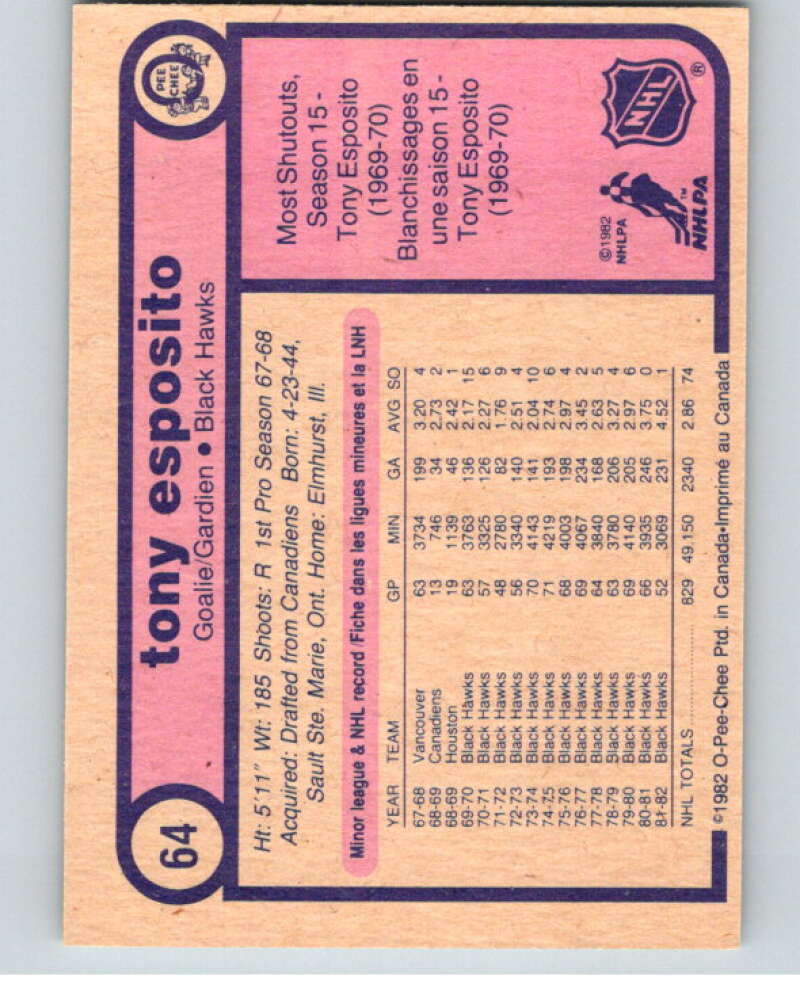 1982-83 O-Pee-Chee #64 Tony Esposito Chicago Blackhawks V57544 Image 2