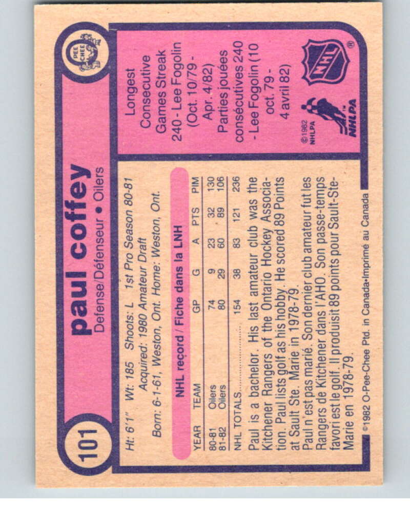 1982-83 O-Pee-Chee #101 Paul Coffey Edmonton Oilers V57809 Image 2