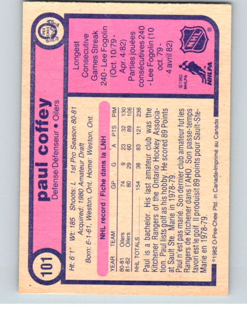 1982-83 O-Pee-Chee #101 Paul Coffey Edmonton Oilers V57812 Image 2