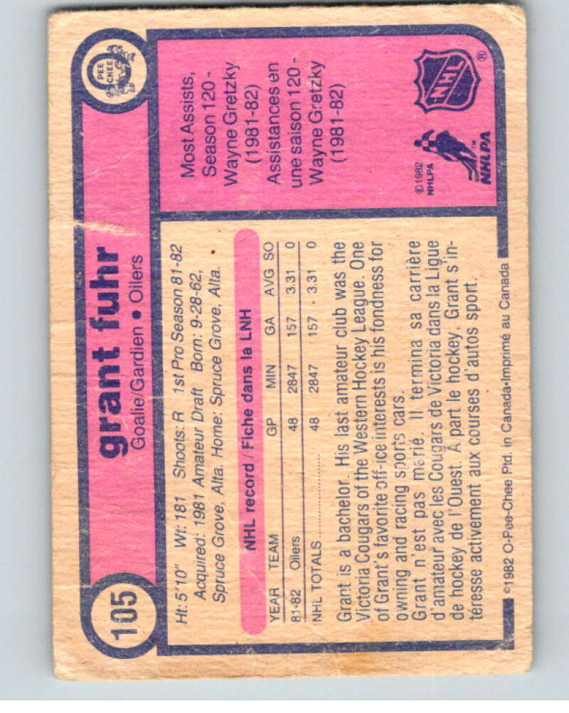 1982-83 O-Pee-Chee #105 Grant Fuhr RC Rookie Edmonton Oilers V57838 Image 2