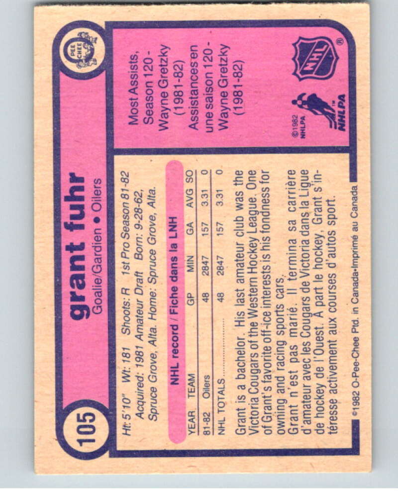 1982-83 O-Pee-Chee #105 Grant Fuhr RC Rookie Edmonton Oilers V57842 Image 2