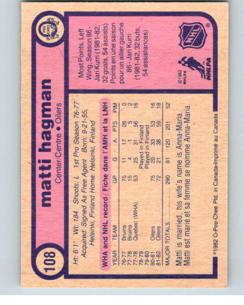 1982-83 O-Pee-Chee #108 Matti Hagman RC Rookie Edmonton Oilers V57848 Image 2