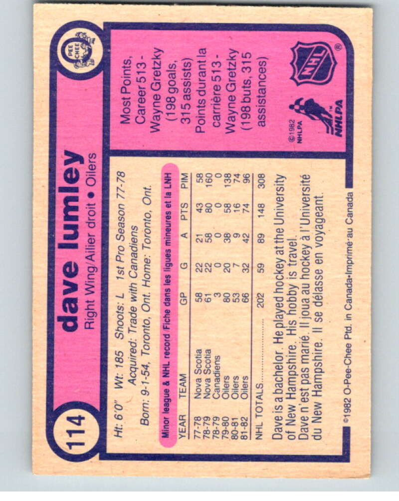 1982-83 O-Pee-Chee #114 Dave Lumley Edmonton Oilers V57984 Image 2