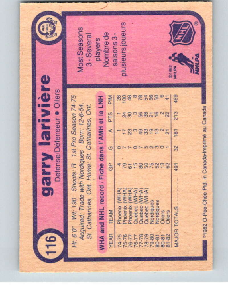 1982-83 O-Pee-Chee #116 Garry Lariviere Edmonton Oilers V57993 Image 2