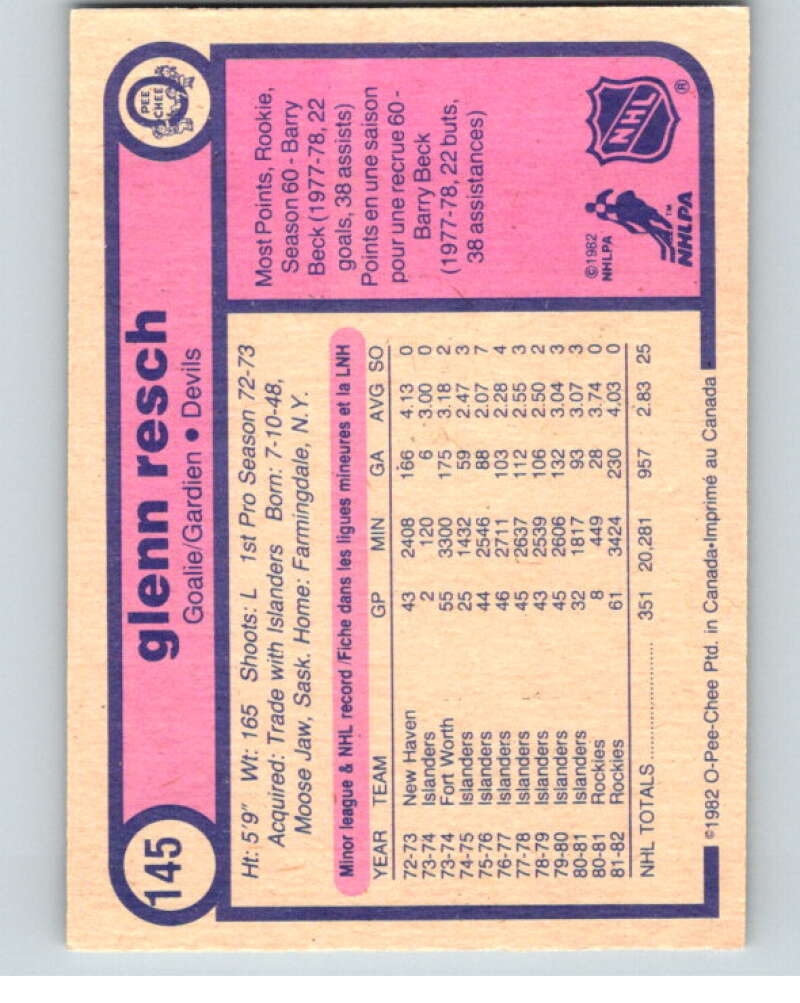 1982-83 O-Pee-Chee #145 Glenn Resch New Jersey Devils V58103 Image 2