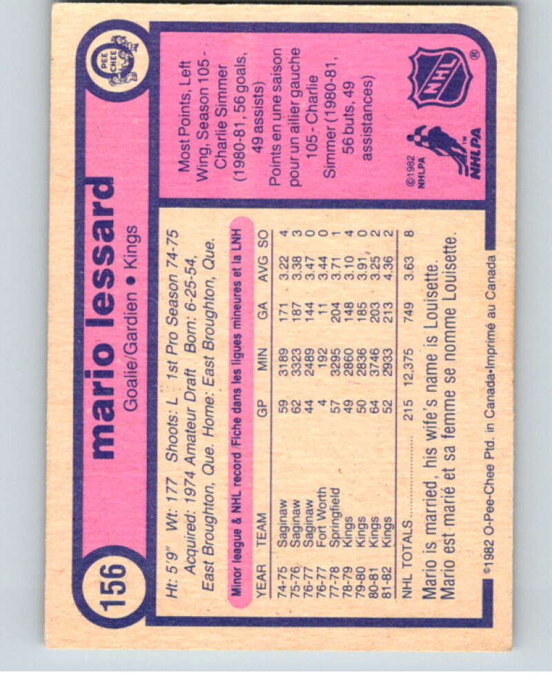 1982-83 O-Pee-Chee #156 Mario Lessard Los Angeles Kings V58193 Image 2