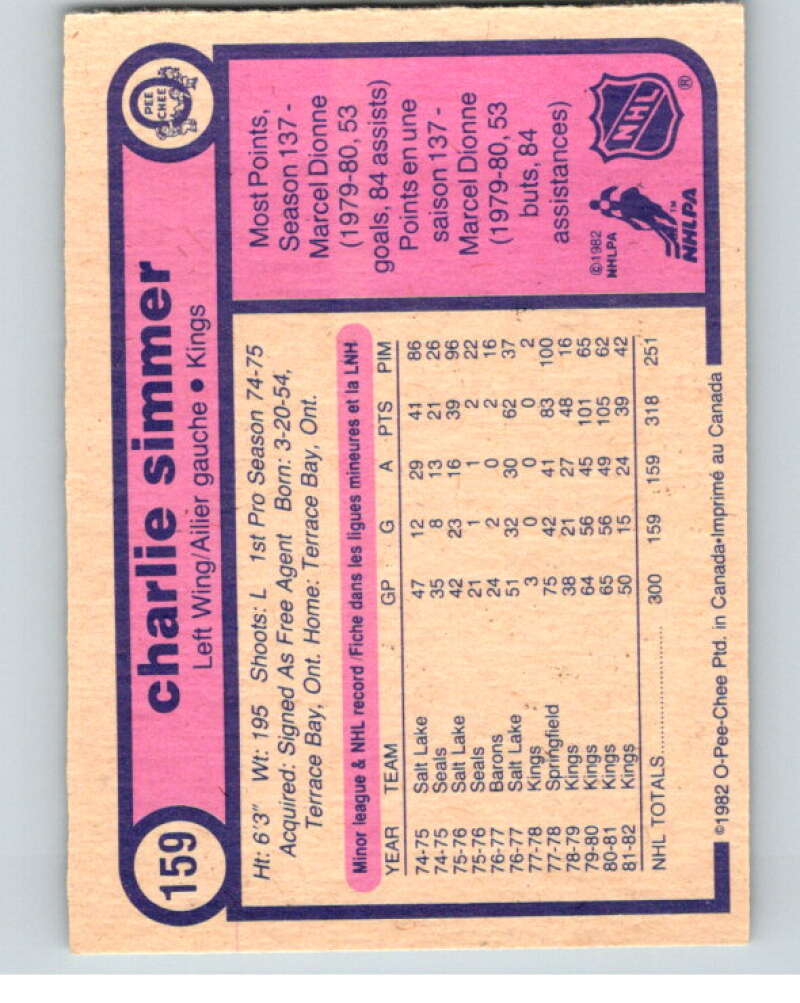 1982-83 O-Pee-Chee #159 Charlie Simmer RC Rookie Los Angeles Kings V58208 Image 2