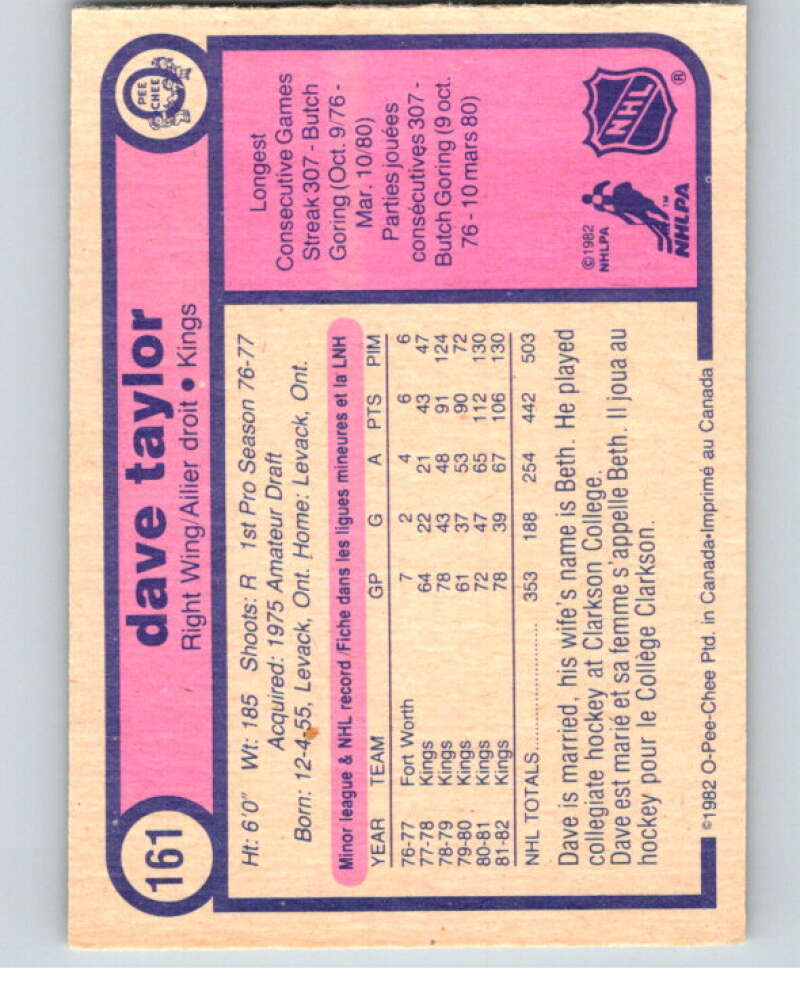 1982-83 O-Pee-Chee #161 Dave Taylor RC Rookie Los Angeles Kings V58221 Image 2
