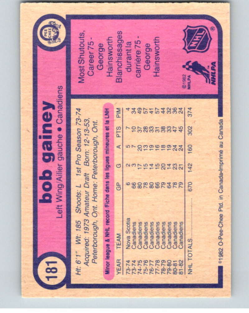 1982-83 O-Pee-Chee #181 Bob Gainey RC Rookie Montreal Canadiens V58352 Image 2
