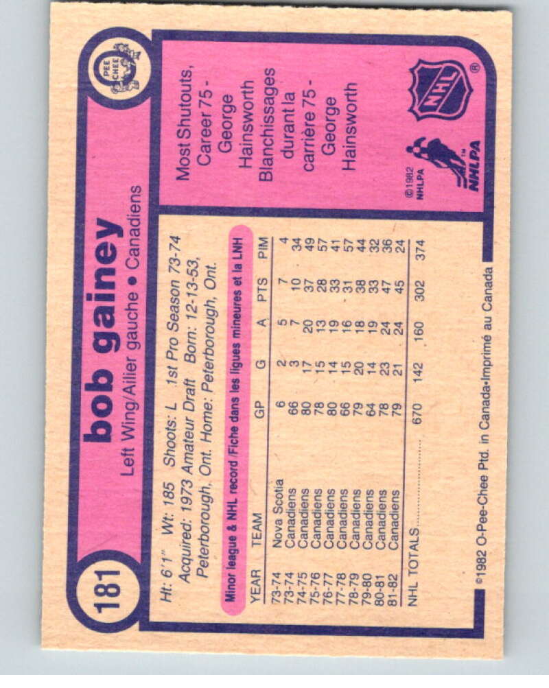 1982-83 O-Pee-Chee #181 Bob Gainey RC Rookie Montreal Canadiens V58353 Image 2