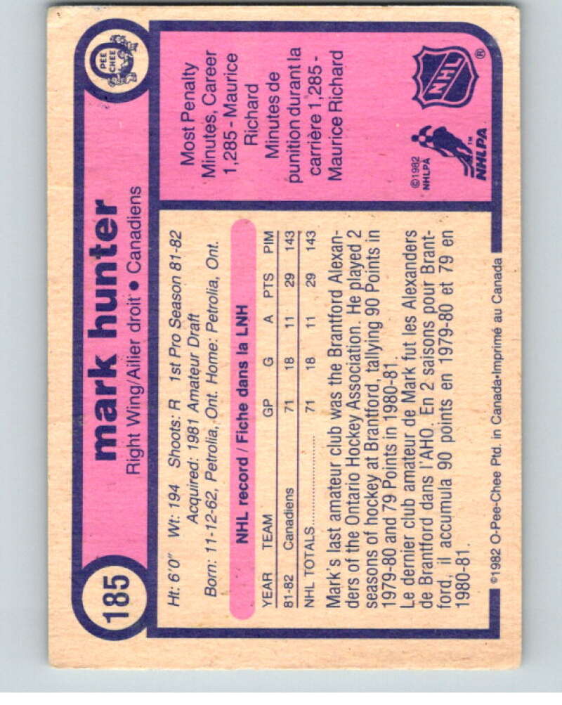 1982-83 O-Pee-Chee #185 Mark Hunter RC Rookie Montreal Canadiens V58374 Image 2