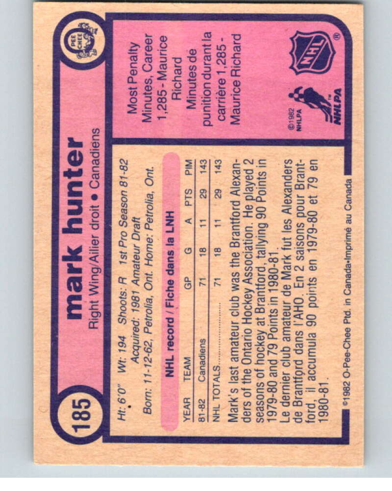 1982-83 O-Pee-Chee #185 Mark Hunter RC Rookie Montreal Canadiens V58377 Image 2