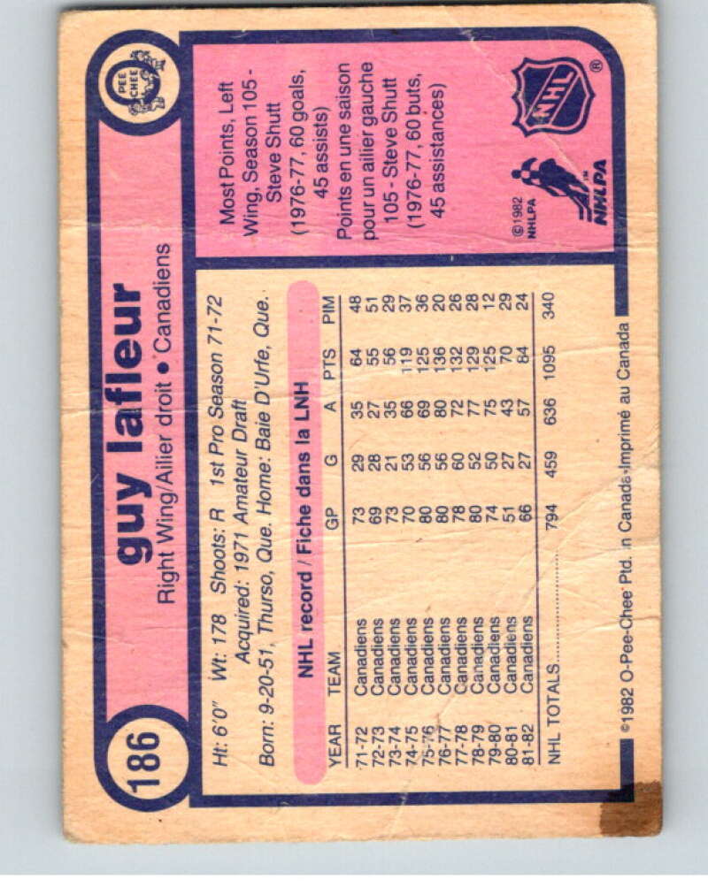 1982-83 O-Pee-Chee #186 Guy Lafleur Montreal Canadiens V58380 Image 2