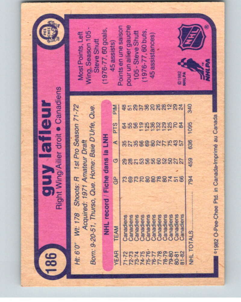 1982-83 O-Pee-Chee #186 Guy Lafleur Montreal Canadiens V58381 Image 2