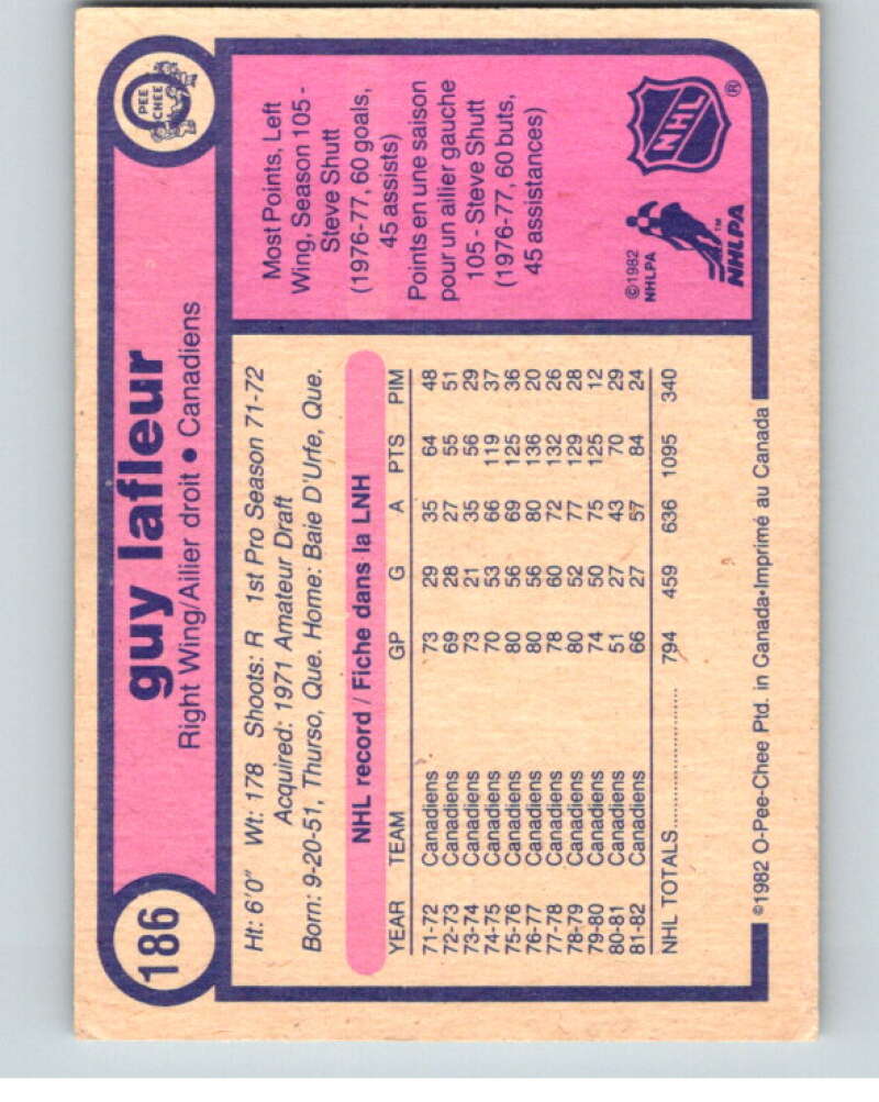 1982-83 O-Pee-Chee #186 Guy Lafleur Montreal Canadiens V58382 Image 2