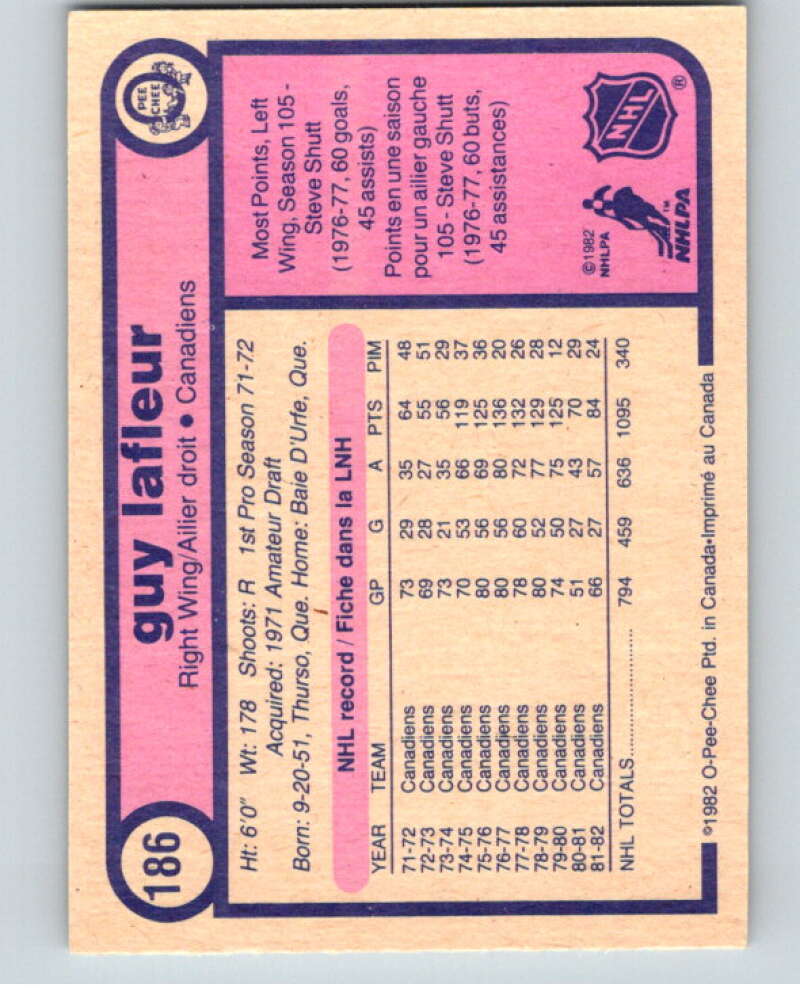 1982-83 O-Pee-Chee #186 Guy Lafleur Montreal Canadiens V58383 Image 2