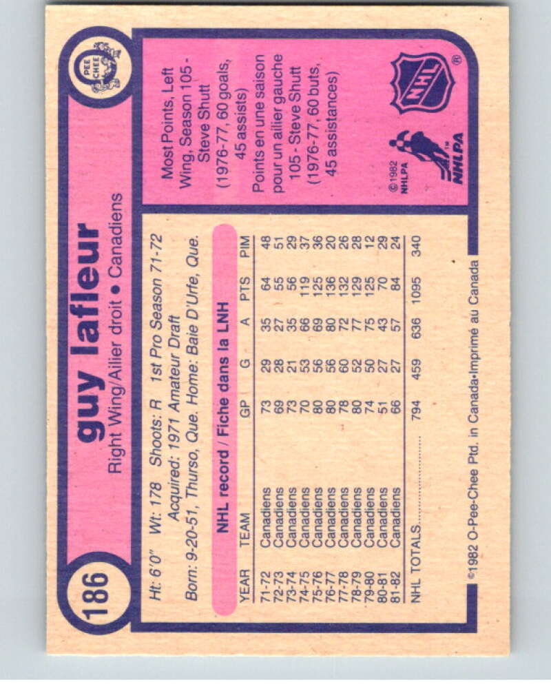 1982-83 O-Pee-Chee #186 Guy Lafleur Montreal Canadiens V58384 Image 2