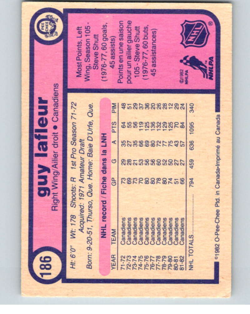 1982-83 O-Pee-Chee #186 Guy Lafleur Montreal Canadiens V58385 Image 2