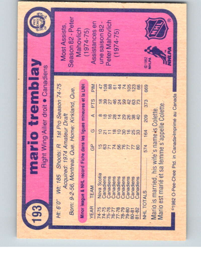 1982-83 O-Pee-Chee #193 Mario Tremblay RC Rookie Montreal Canadiens V58437 Image 2