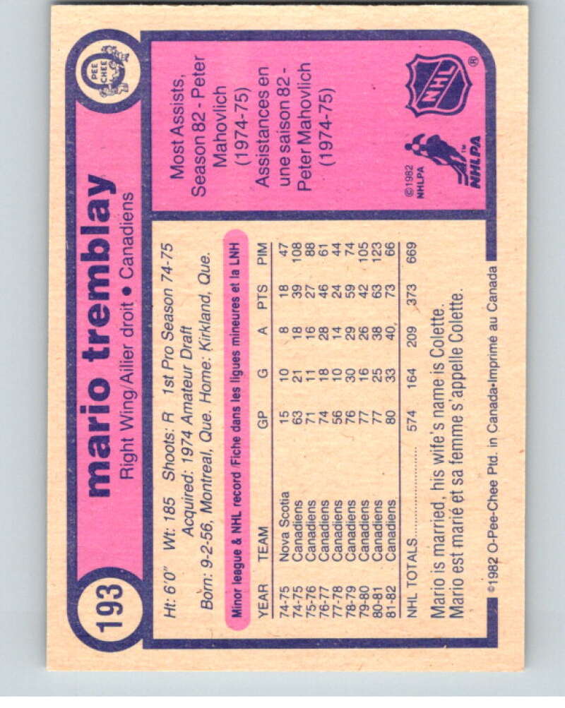 1982-83 O-Pee-Chee #193 Mario Tremblay RC Rookie Montreal Canadiens V58443 Image 2