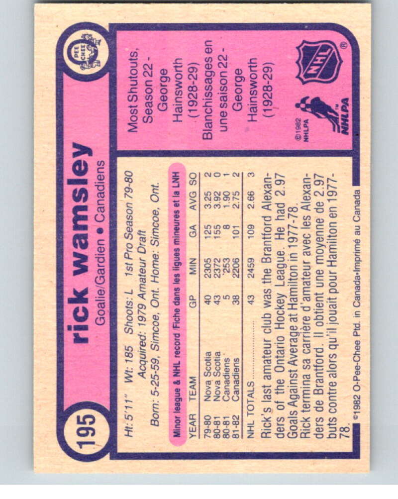 1982-83 O-Pee-Chee #195 Rick Wamsley RC Rookie Montreal Canadiens V58455 Image 2