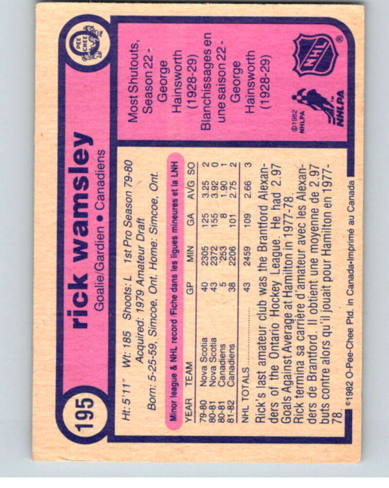 1982-83 O-Pee-Chee #195 Rick Wamsley RC Rookie Montreal Canadiens V58456 Image 2