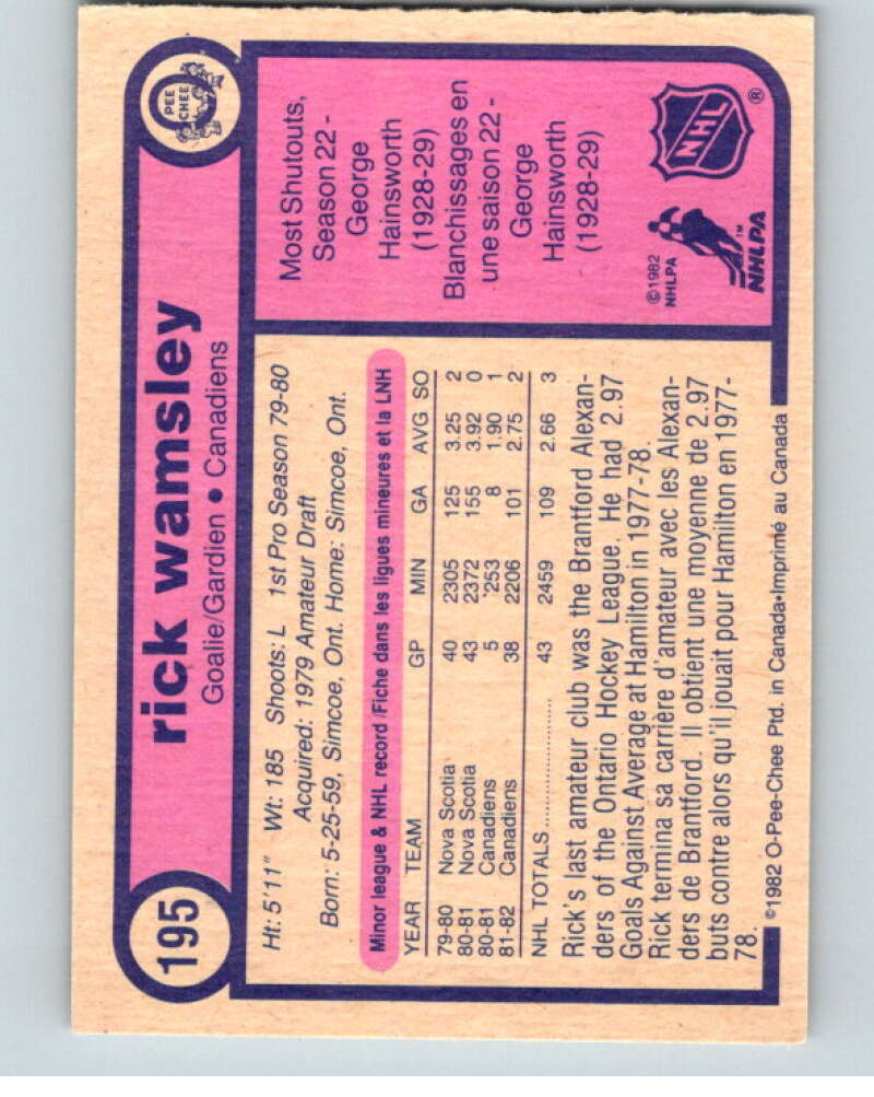 1982-83 O-Pee-Chee #195 Rick Wamsley RC Rookie Montreal Canadiens V58457 Image 2