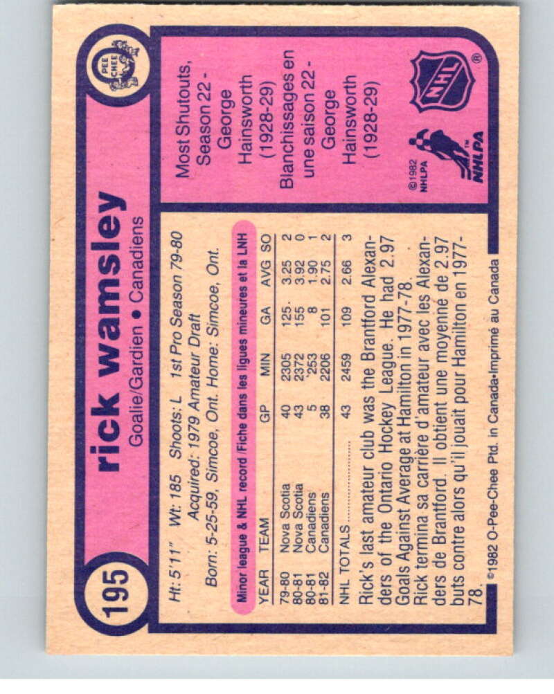 1982-83 O-Pee-Chee #195 Rick Wamsley RC Rookie Montreal Canadiens V58458 Image 2