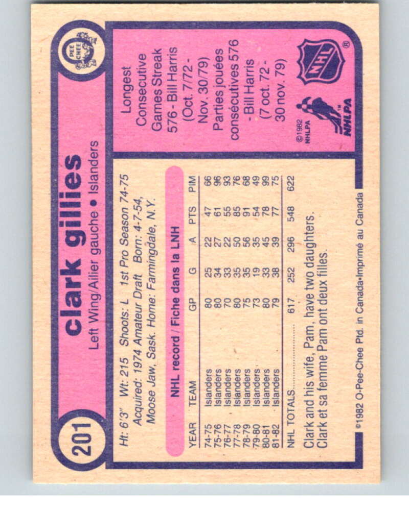 1982-83 O-Pee-Chee #201 Clark Gillies New York Islanders V58495 Image 2