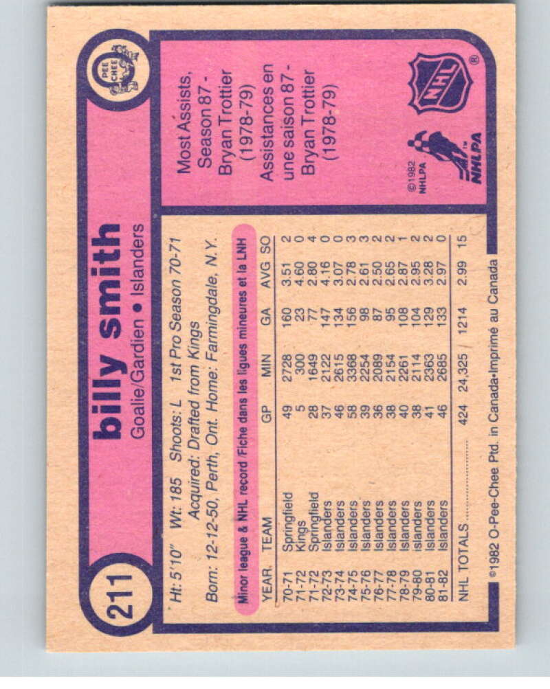 1982-83 O-Pee-Chee #211 Billy Smith RC Rookie New York Islanders V58573 Image 2