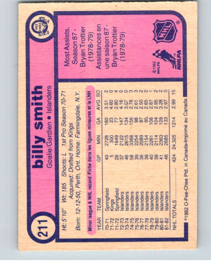 1982-83 O-Pee-Chee #211 Billy Smith RC Rookie New York Islanders V58577 Image 2