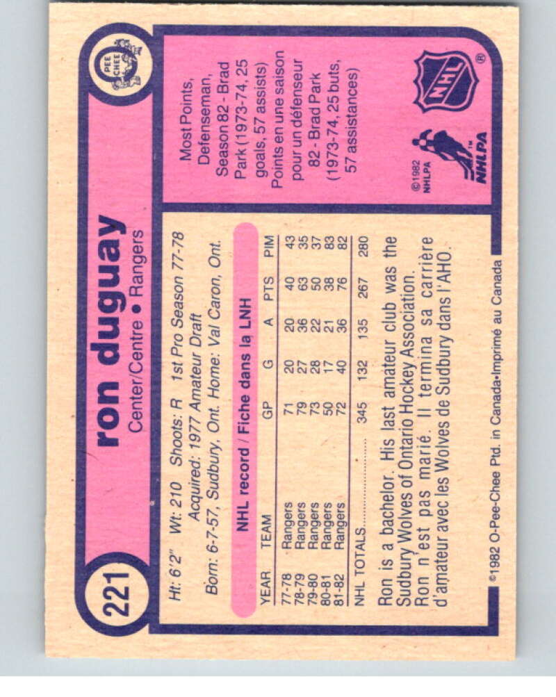 1982-83 O-Pee-Chee #221 Ron Duguay RC Rookie New York Rangers V58650 Image 2