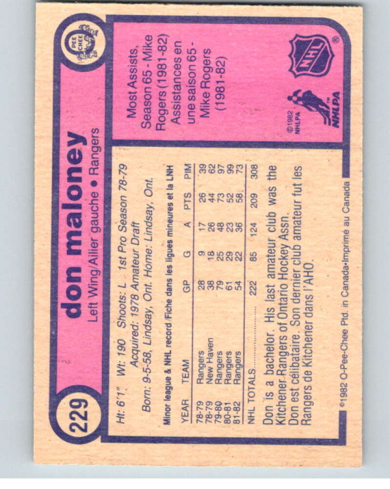 1982-83 O-Pee-Chee #229 Don Maloney New York Rangers V58695 Image 2