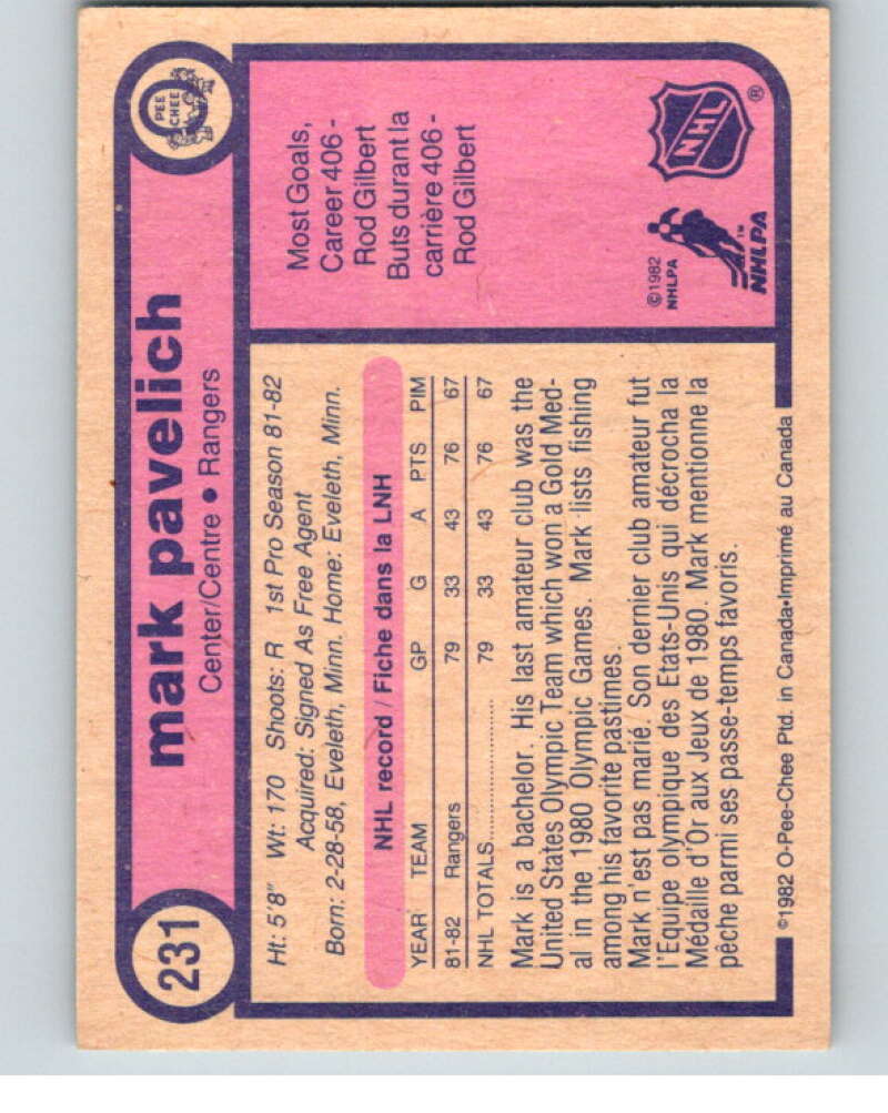 1982-83 O-Pee-Chee #231 Mark Pavelich RC Rookie New York Rangers V58706 Image 2