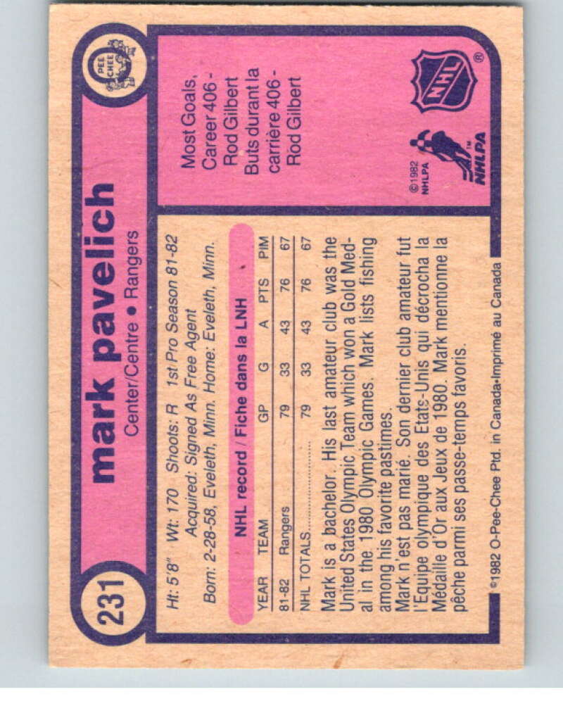 1982-83 O-Pee-Chee #231 Mark Pavelich RC Rookie New York Rangers V58707 Image 2