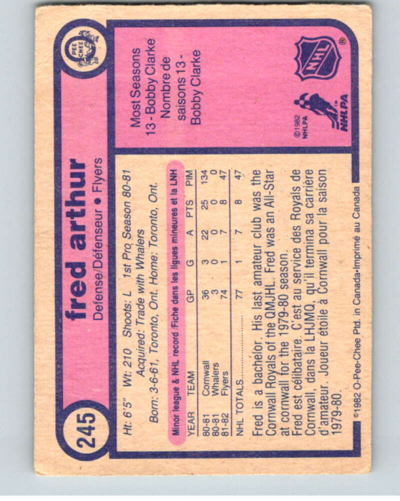 1982-83 O-Pee-Chee #245 Fred Arthur RC Rookie Philadelphia Flyers V58764 Image 2