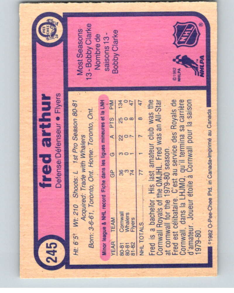 1982-83 O-Pee-Chee #245 Fred Arthur RC Rookie Philadelphia Flyers V58765 Image 2