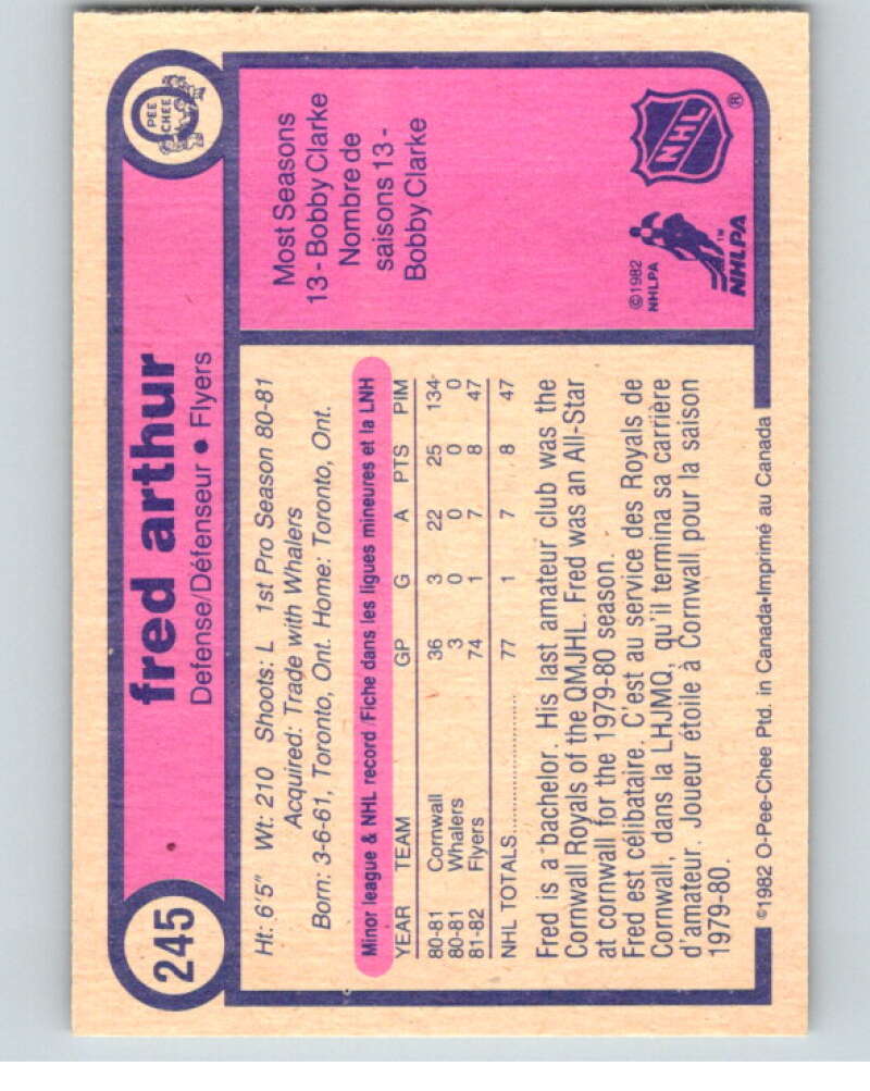 1982-83 O-Pee-Chee #245 Fred Arthur RC Rookie Philadelphia Flyers V58768 Image 2