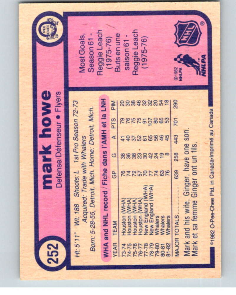 1982-83 O-Pee-Chee #252 Mark Howe RC Rookie Philadelphia Flyers V58812 Image 2