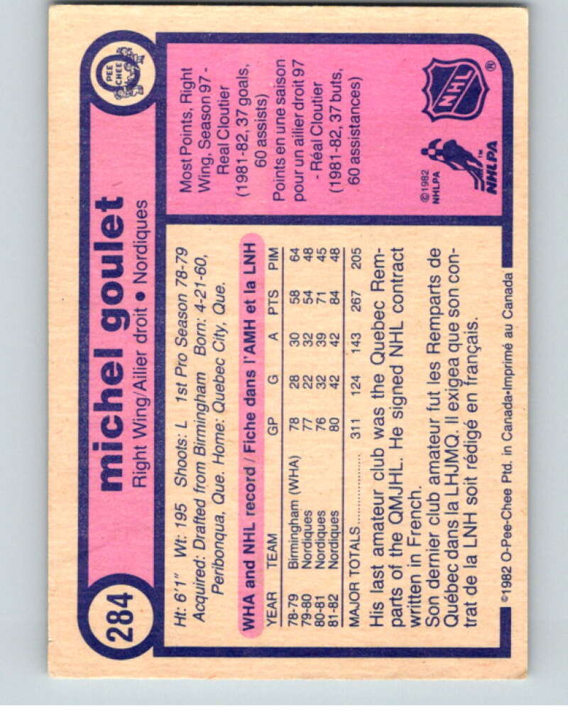 1982-83 O-Pee-Chee #284 Michel Goulet Quebec Nordiques V59058 Image 2