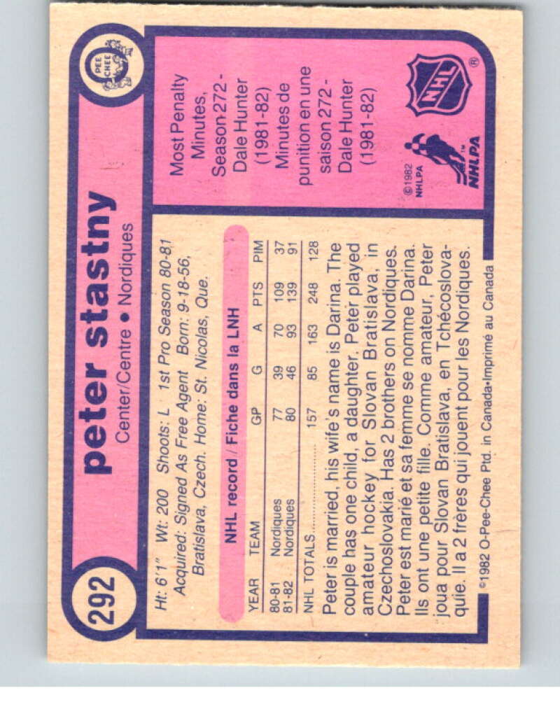1982-83 O-Pee-Chee #292 Peter Stastny Quebec Nordiques V59127 Image 2