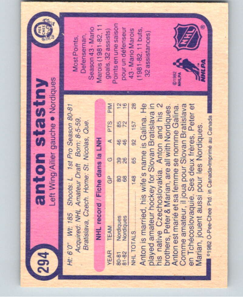 1982-83 O-Pee-Chee #294 Anton Stastny Quebec Nordiques V59135 Image 2