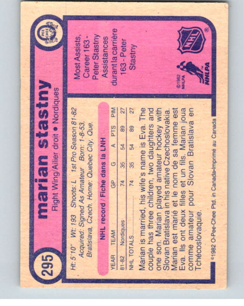 1982-83 O-Pee-Chee #295 Marian Stastny RC Rookie Quebec Nordiques V59140 Image 2