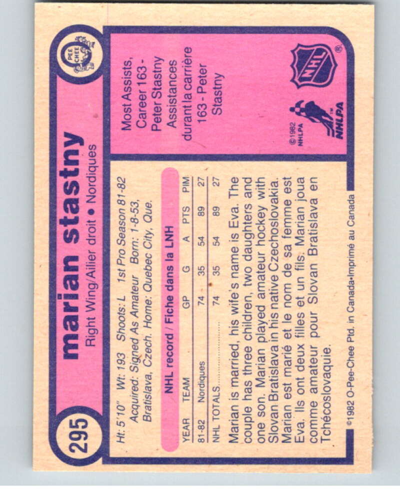 1982-83 O-Pee-Chee #295 Marian Stastny RC Rookie Quebec Nordiques V59141 Image 2