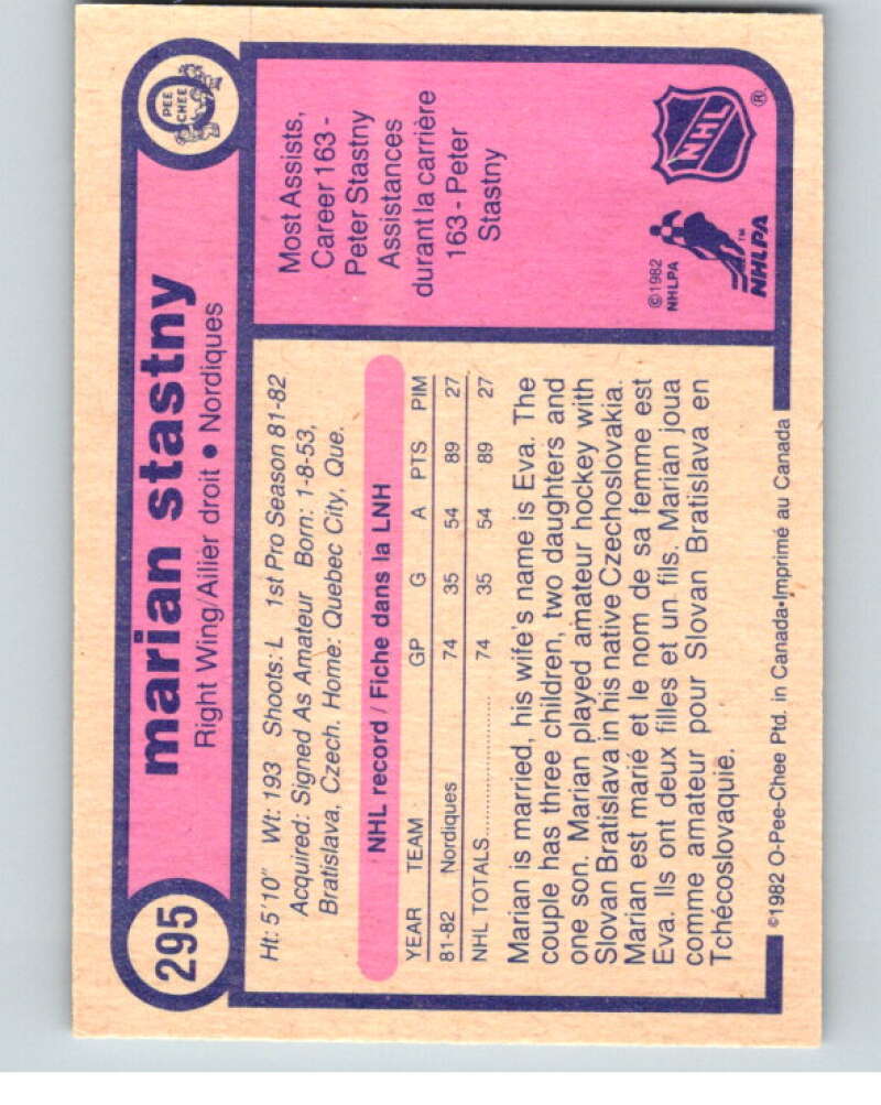 1982-83 O-Pee-Chee #295 Marian Stastny RC Rookie Quebec Nordiques V59144 Image 2